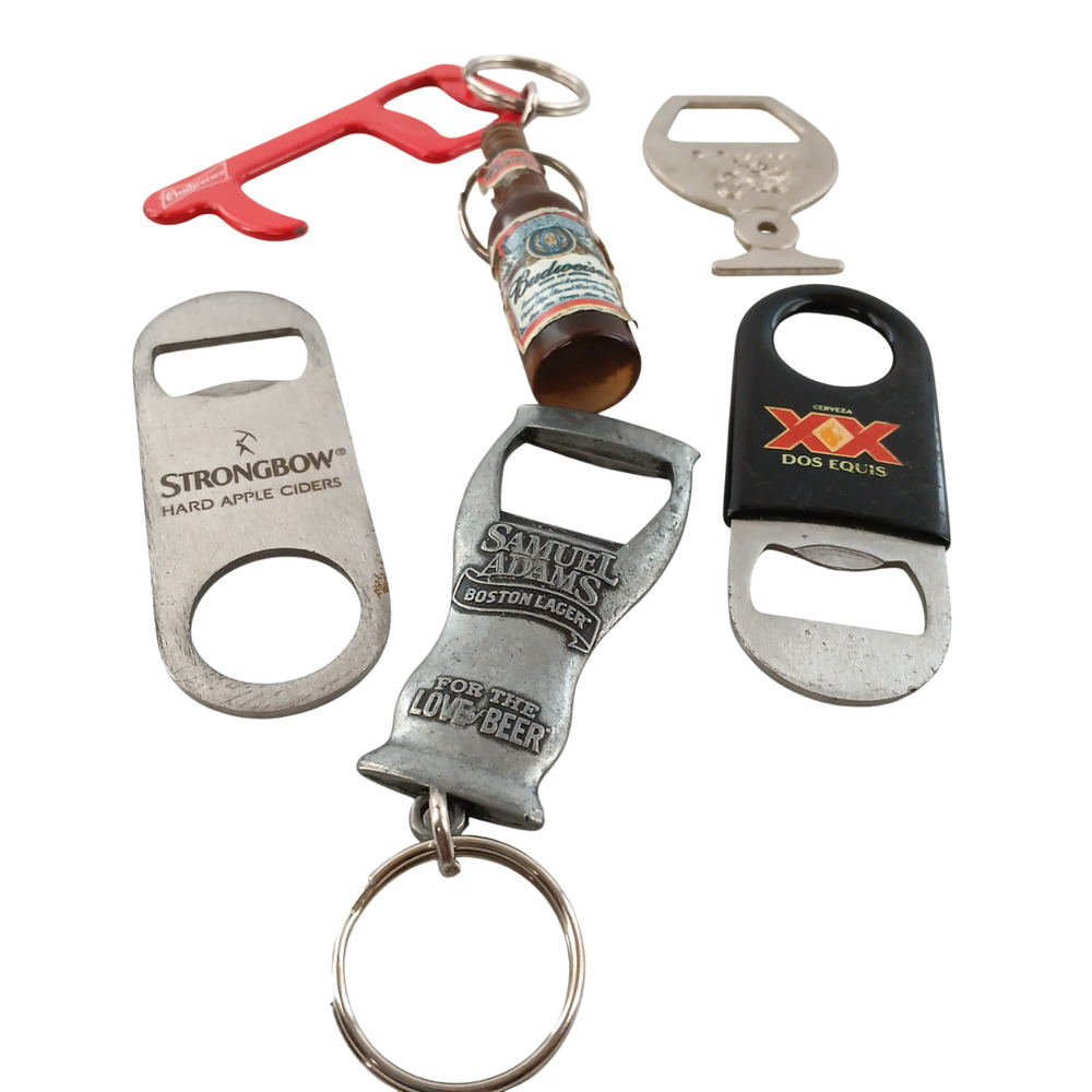 Lot of 6 Beer Bottle Openers Keychain Budweiser Dos Equis Samuel Adams Strongbow